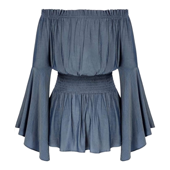 HANNA Nikole Women's Plus Size Blouse Off Shoulder Trumpet Sleeve Peasant - Picture 5 of 5